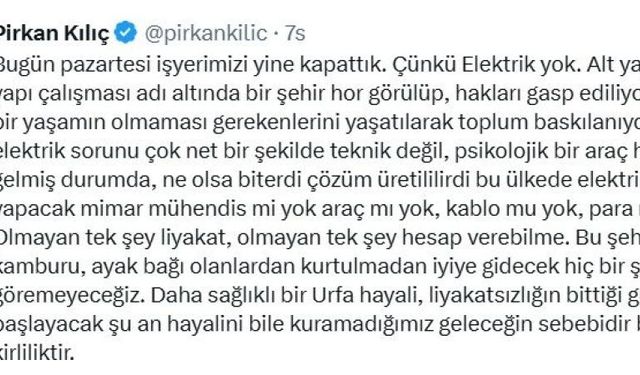 Mimarlar Odası Şube Başkanı Kılıç’tan Elektrik Kesintilerine Tepki