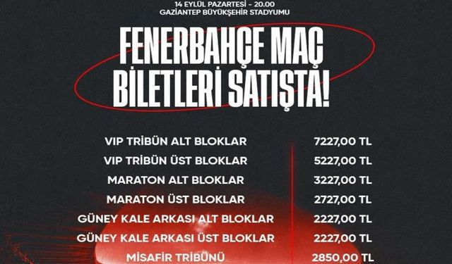 Komşuda Süper Lig heyecanı: Gaziantep FK - Fenerbahçe maçı biletleri satışa çıktı