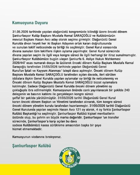 Şanlıurfaspor, Olağanüstü Genel Kurul’un Iptali Ve Kayyum Atanması Talebiyle Açılan Davaya Ilişkin Yazılı Açıklama Yayımladı.